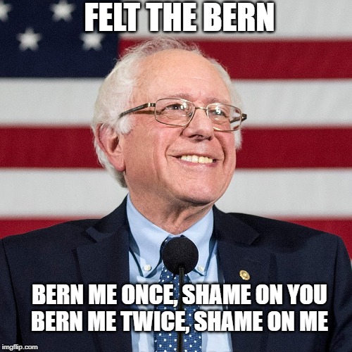 Not going to get Bernt Twice | FELT THE BERN; BERN ME ONCE, SHAME ON YOU    BERN ME TWICE, SHAME ON ME | image tagged in bernie sanders,feel the bern,election 2020,potus,democrats,primary | made w/ Imgflip meme maker