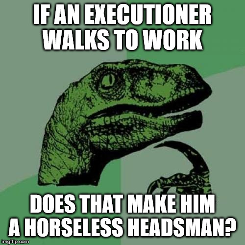 Philosoraptor | IF AN EXECUTIONER WALKS TO WORK; DOES THAT MAKE HIM A HORSELESS HEADSMAN? | image tagged in memes,philosoraptor | made w/ Imgflip meme maker