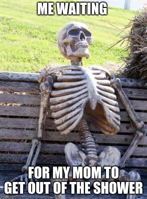 Waiting Skeleton | ME WAITING; FOR MY MOM TO GET OUT OF THE SHOWER | image tagged in memes,waiting skeleton | made w/ Imgflip meme maker