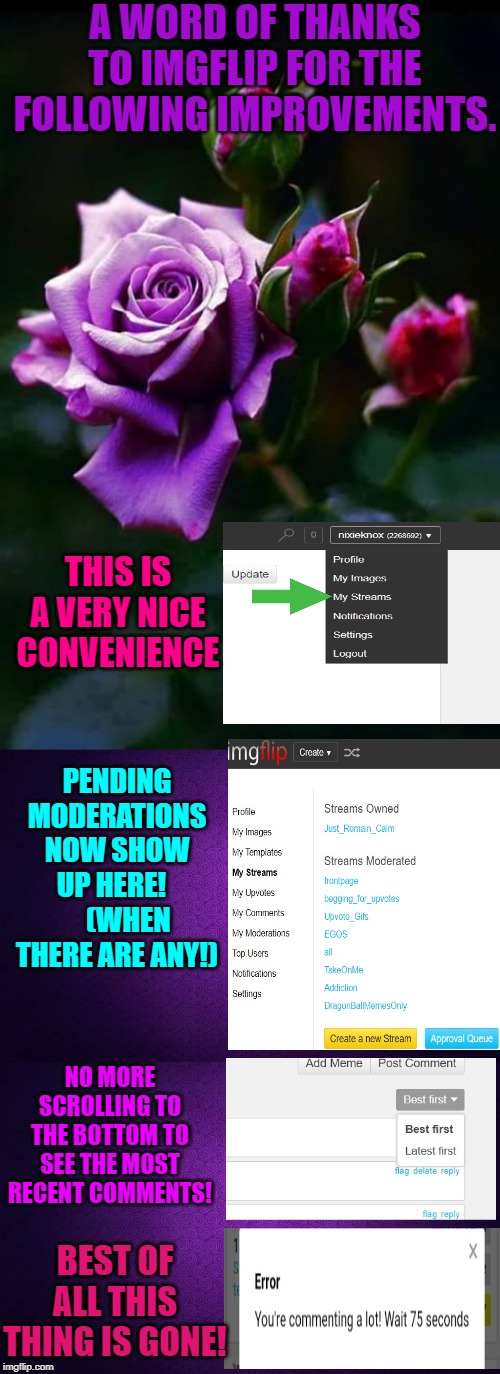 I complain pretty loud, but I also am loud about saying "thank you"! I am sure most other users will agree that these are great! | A WORD OF THANKS TO IMGFLIP FOR THE FOLLOWING IMPROVEMENTS. THIS IS A VERY NICE CONVENIENCE; PENDING MODERATIONS NOW SHOW UP HERE!       (WHEN THERE ARE ANY!); NO MORE SCROLLING TO THE BOTTOM TO SEE THE MOST RECENT COMMENTS! BEST OF ALL THIS THING IS GONE! | image tagged in purple,nixieknox,memes,thank you | made w/ Imgflip meme maker