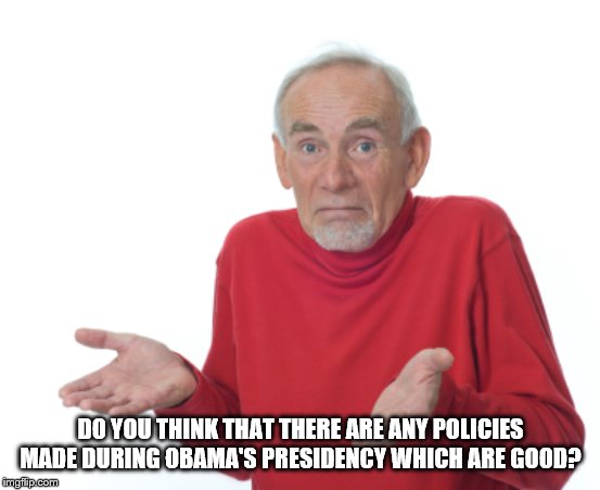 Guess I'll die  | DO YOU THINK THAT THERE ARE ANY POLICIES MADE DURING OBAMA'S PRESIDENCY WHICH ARE GOOD? | image tagged in guess i'll die | made w/ Imgflip meme maker