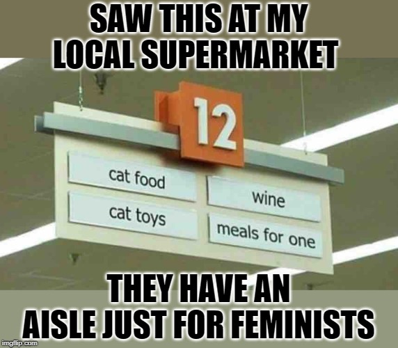 Are feminist lonely cause they're angry, or angry cause they are lonely | SAW THIS AT MY LOCAL SUPERMARKET; THEY HAVE AN AISLE JUST FOR FEMINISTS | image tagged in supermarket | made w/ Imgflip meme maker
