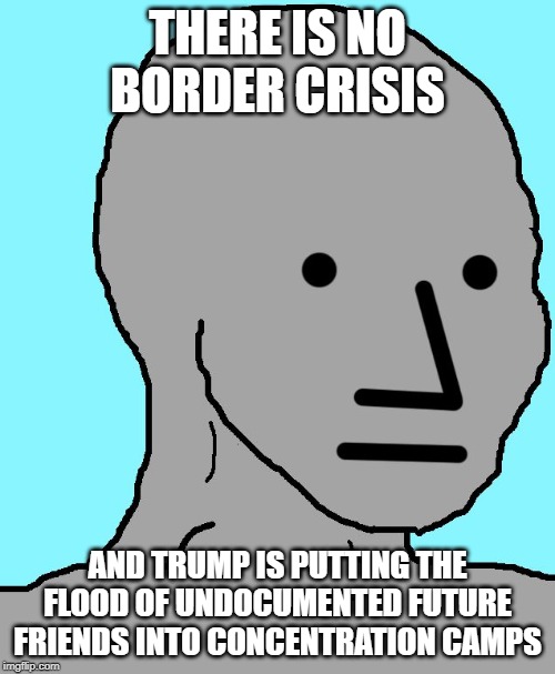 NPC Meme | THERE IS NO BORDER CRISIS; AND TRUMP IS PUTTING THE FLOOD OF UNDOCUMENTED FUTURE FRIENDS INTO CONCENTRATION CAMPS | image tagged in memes,npc | made w/ Imgflip meme maker