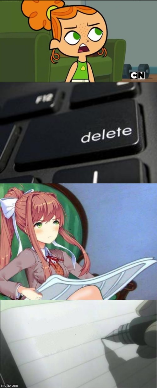 image tagged in delete it,death note blank,newspaper monika,how was i supposed to know izzy | made w/ Imgflip meme maker