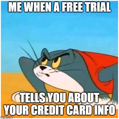 Turtle Cat | ME WHEN A FREE TRIAL; TELLS YOU ABOUT YOUR CREDIT CARD INFO | image tagged in turtle cat | made w/ Imgflip meme maker