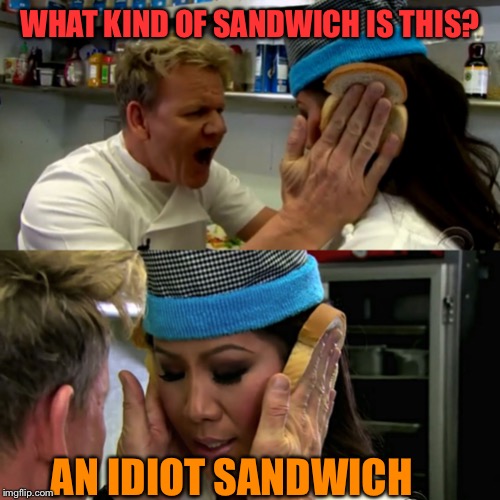 Gordon Ramsay Idiot Sandwich | WHAT KIND OF SANDWICH IS THIS? AN IDIOT SANDWICH | image tagged in gordon ramsay idiot sandwich | made w/ Imgflip meme maker