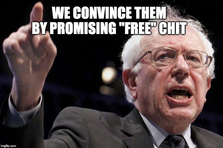 Bernie Sanders | WE CONVINCE THEM BY PROMISING "FREE" CHIT | image tagged in bernie sanders | made w/ Imgflip meme maker