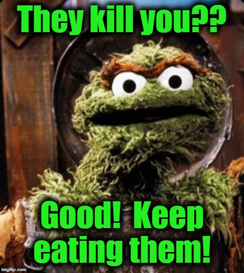 Oscar the Grouch | They kill you?? Good!  Keep eating them! | image tagged in oscar the grouch | made w/ Imgflip meme maker