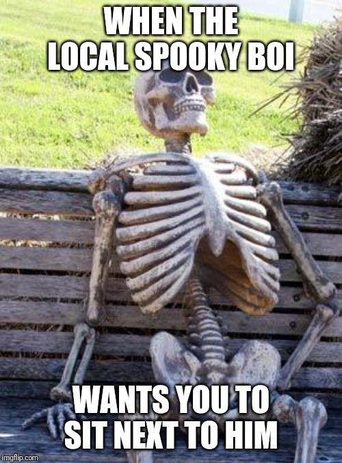 Sit next to the spooky boi | WHEN THE LOCAL SPOOKY BOI; WANTS YOU TO SIT NEXT TO HIM | image tagged in memes,waiting skeleton | made w/ Imgflip meme maker