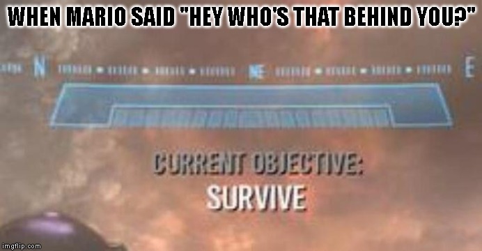 Current Objective: Survive | WHEN MARIO SAID "HEY WHO'S THAT BEHIND YOU?" | image tagged in current objective survive,mario | made w/ Imgflip meme maker