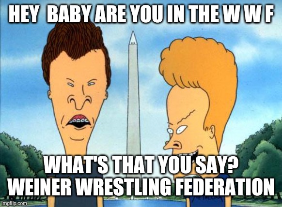 beavis and butthead | HEY  BABY ARE YOU IN THE W W F; WHAT'S THAT YOU SAY? WEINER WRESTLING FEDERATION | image tagged in beavis and butthead | made w/ Imgflip meme maker