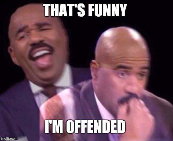 Steve Harvey Laughing Serious | THAT'S FUNNY I'M OFFENDED | image tagged in steve harvey laughing serious | made w/ Imgflip meme maker