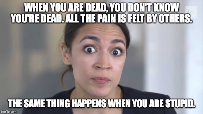Crazy Alexandria Ocasio-Cortez | WHEN YOU ARE DEAD, YOU DON'T KNOW YOU'RE DEAD. ALL THE PAIN IS FELT BY OTHERS. THE SAME THING HAPPENS WHEN YOU ARE STUPID. | image tagged in crazy alexandria ocasio-cortez,aoc | made w/ Imgflip meme maker