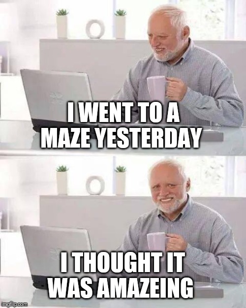 The Amazing Harold | I WENT TO A MAZE YESTERDAY; I THOUGHT IT WAS AMAZEING | image tagged in memes,hide the pain harold | made w/ Imgflip meme maker
