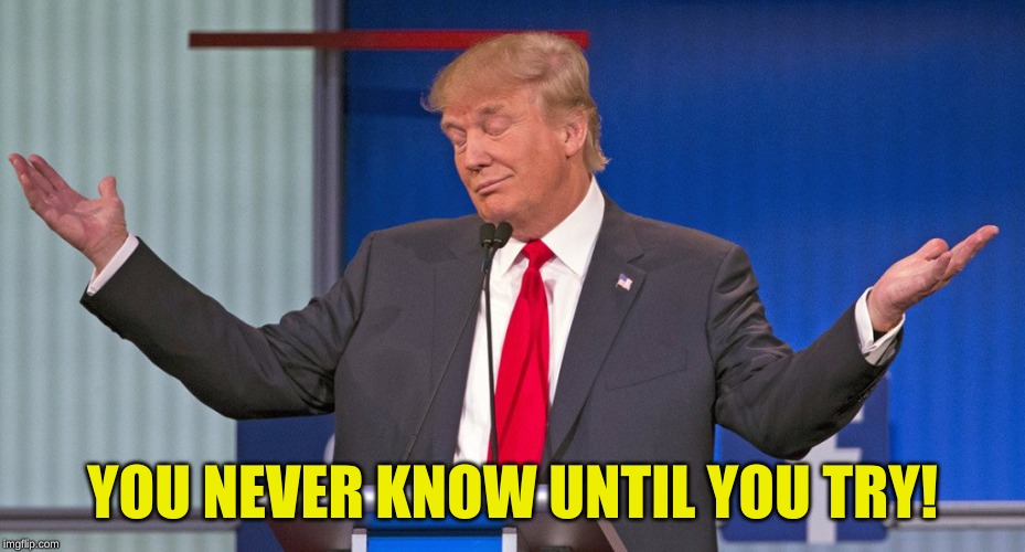 trump shrugging shoulders | YOU NEVER KNOW UNTIL YOU TRY! | image tagged in trump shrugging shoulders | made w/ Imgflip meme maker