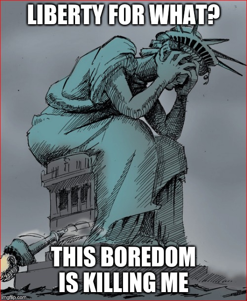 Statue of Liberty | LIBERTY FOR WHAT? THIS BOREDOM IS KILLING ME | image tagged in boredom,depression | made w/ Imgflip meme maker