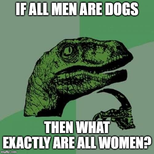 Tread Lightly there Raptor.... | IF ALL MEN ARE DOGS; THEN WHAT EXACTLY ARE ALL WOMEN? | image tagged in memes,philosoraptor | made w/ Imgflip meme maker