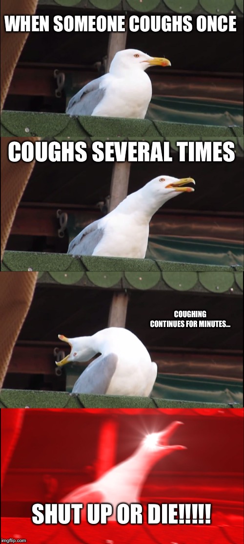 Inhaling Seagull Meme | WHEN SOMEONE COUGHS ONCE; COUGHS SEVERAL TIMES; COUGHING CONTINUES FOR MINUTES... SHUT UP OR DIE!!!!! | image tagged in memes,inhaling seagull | made w/ Imgflip meme maker