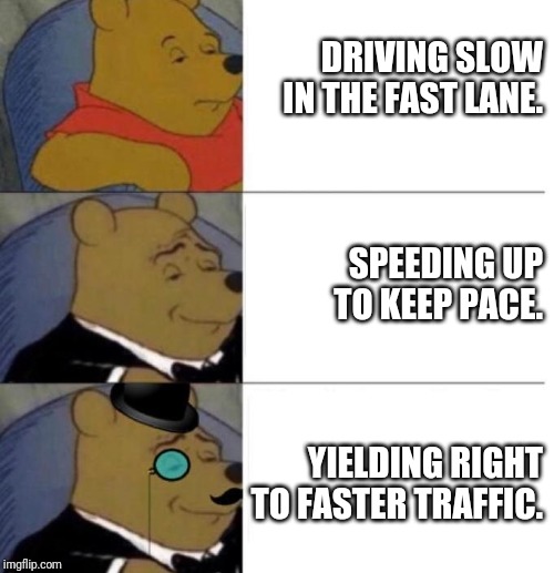 Tuxedo Winnie the Pooh (3 panel) | DRIVING SLOW IN THE FAST LANE. SPEEDING UP TO KEEP PACE. YIELDING RIGHT TO FASTER TRAFFIC. | image tagged in tuxedo winnie the pooh 3 panel | made w/ Imgflip meme maker