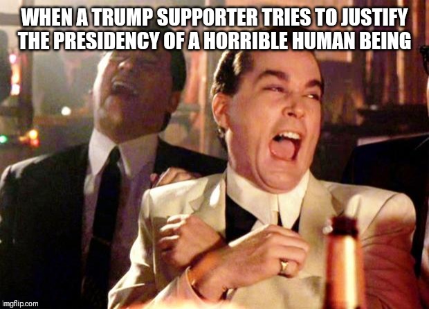 Goodfellas Laugh | WHEN A TRUMP SUPPORTER TRIES TO JUSTIFY THE PRESIDENCY OF A HORRIBLE HUMAN BEING | image tagged in goodfellas laugh | made w/ Imgflip meme maker