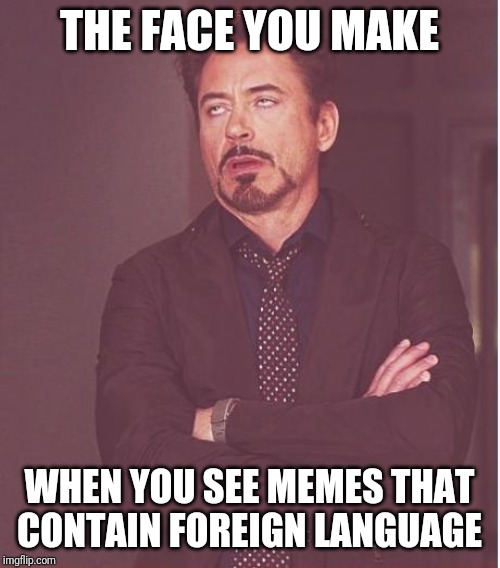 Face You Make Robert Downey Jr Meme | THE FACE YOU MAKE; WHEN YOU SEE MEMES THAT CONTAIN FOREIGN LANGUAGE | image tagged in memes,face you make robert downey jr | made w/ Imgflip meme maker