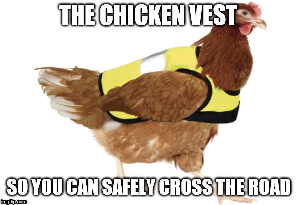 safety chicken | THE CHICKEN VEST; SO YOU CAN SAFELY CROSS THE ROAD | image tagged in the saftey chicken | made w/ Imgflip meme maker