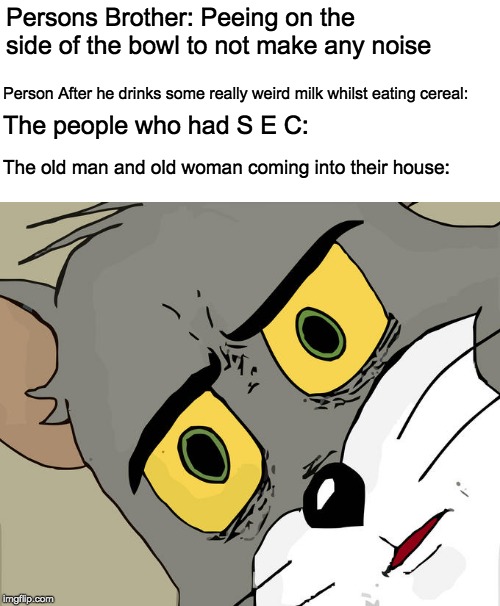 no comment | Persons Brother: Peeing on the side of the bowl to not make any noise; Person After he drinks some really weird milk whilst eating cereal:; The people who had S E C:; The old man and old woman coming into their house: | image tagged in memes,unsettled tom | made w/ Imgflip meme maker