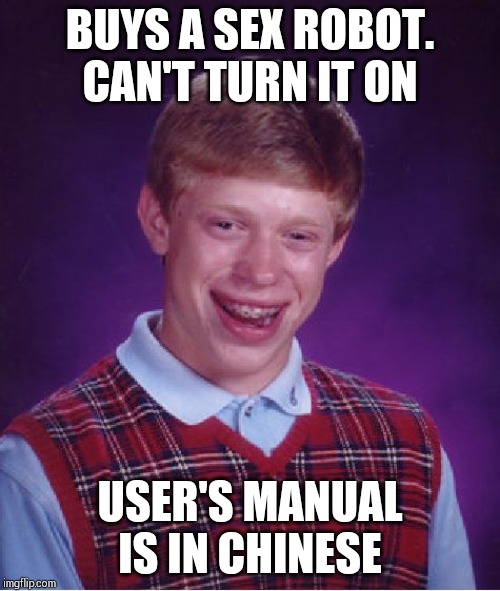 Bad Luck Brian Meme | BUYS A SEX ROBOT. CAN'T TURN IT ON; USER'S MANUAL IS IN CHINESE | image tagged in memes,bad luck brian | made w/ Imgflip meme maker