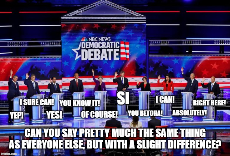 Lead question at Democratic Debate | SI; I CAN! RIGHT HERE! I SURE CAN! YOU KNOW IT! ABSOLUTELY! YOU BETCHA! YES! OF COURSE! YEP! CAN YOU SAY PRETTY MUCH THE SAME THING AS EVERYONE ELSE, BUT WITH A SLIGHT DIFFERENCE? | image tagged in democrats,debate,2020 elections | made w/ Imgflip meme maker