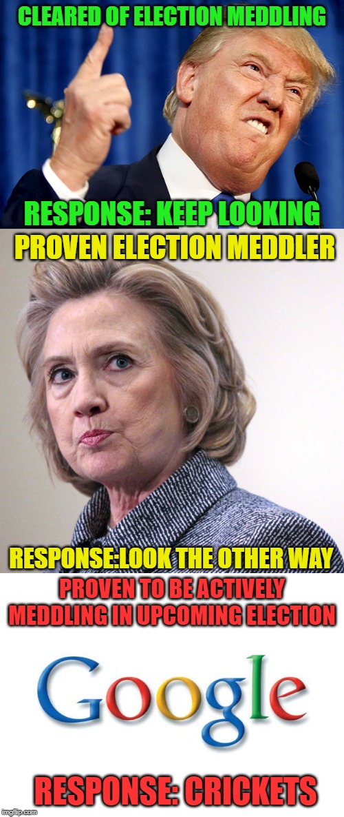 Hypocrisy in action | CLEARED OF ELECTION MEDDLING; RESPONSE: KEEP LOOKING; PROVEN ELECTION MEDDLER; RESPONSE:LOOK THE OTHER WAY; PROVEN TO BE ACTIVELY MEDDLING IN UPCOMING ELECTION; RESPONSE: CRICKETS | image tagged in donald trump,hillary clinton,rigged elections,mainstream media,lock her up,liberal hypocrisy | made w/ Imgflip meme maker
