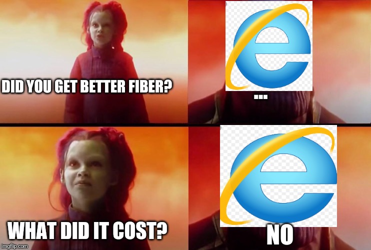 What did it cost? | ... DID YOU GET BETTER FIBER? WHAT DID IT COST? NO | image tagged in what did it cost | made w/ Imgflip meme maker