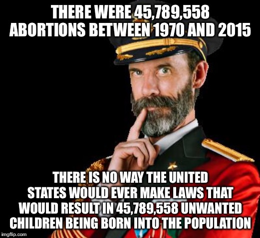 captain obvious | THERE WERE 45,789,558 ABORTIONS BETWEEN 1970 AND 2015; THERE IS NO WAY THE UNITED STATES WOULD EVER MAKE LAWS THAT WOULD RESULT IN 45,789,558 UNWANTED CHILDREN BEING BORN INTO THE POPULATION | image tagged in captain obvious,abortion,political,political meme | made w/ Imgflip meme maker