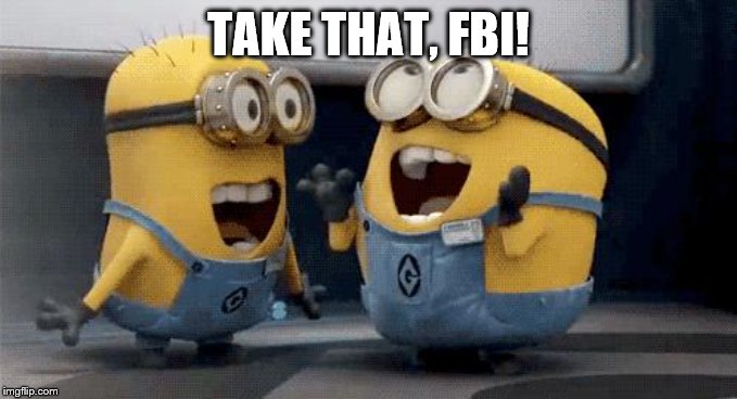 Excited Minions Meme | TAKE THAT, FBI! | image tagged in memes,excited minions | made w/ Imgflip meme maker