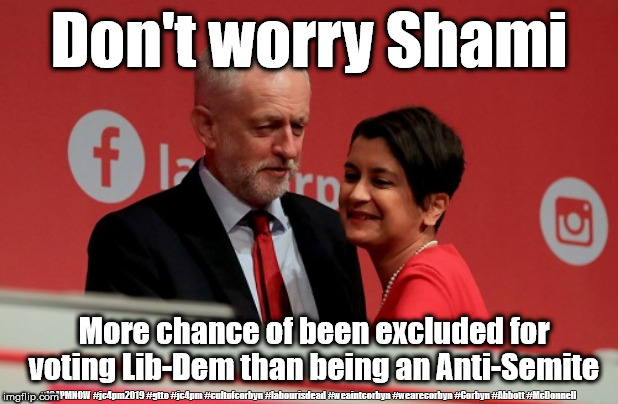Corbyn/Shami - Anti-Semitism | Don't worry Shami; More chance of been excluded for voting Lib-Dem than being an Anti-Semite; #JC4PMNOW #jc4pm2019 #gtto #jc4pm #cultofcorbyn #labourisdead #weaintcorbyn #wearecorbyn #Corbyn #Abbott #McDonnell | image tagged in shami chakrabarti,cultofcorbyn,labourisdead,anti-semite and a racist,funny,jc4pmnow gtto jc4pm2019 | made w/ Imgflip meme maker