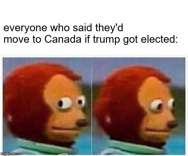 Monkey Puppet Meme | everyone who said they'd move to Canada if trump got elected: | image tagged in monkey puppet | made w/ Imgflip meme maker