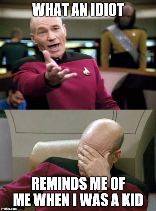 WHAT AN IDIOT REMINDS ME OF ME WHEN I WAS A KID | image tagged in memes,picard wtf,captain picard facepalm | made w/ Imgflip meme maker