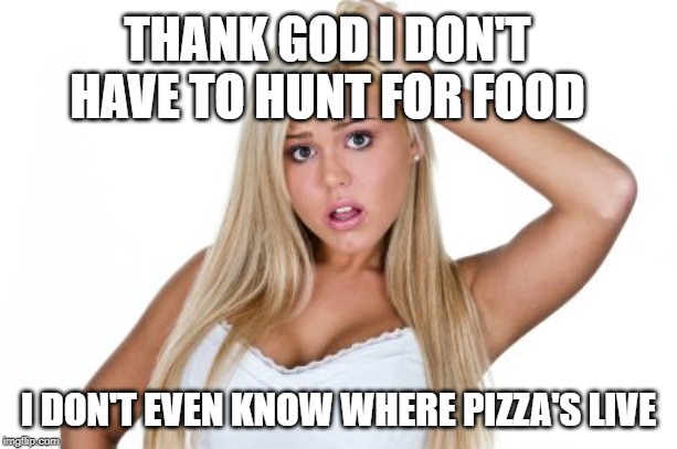 In the Pepperoni hills... | THANK GOD I DON'T HAVE TO HUNT FOR FOOD; I DON'T EVEN KNOW WHERE PIZZA'S LIVE | image tagged in dumb blonde,food | made w/ Imgflip meme maker