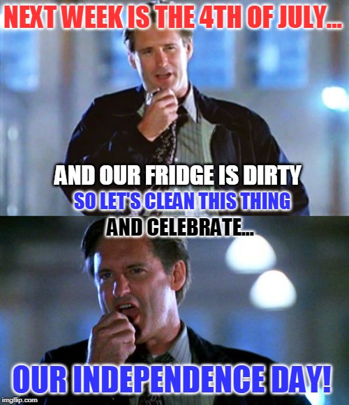 NEXT WEEK IS THE 4TH OF JULY... AND OUR FRIDGE IS DIRTY; SO LET'S CLEAN THIS THING; AND CELEBRATE... OUR INDEPENDENCE DAY! | image tagged in 4th of july,independence day,clean fridge,refrigerator | made w/ Imgflip meme maker