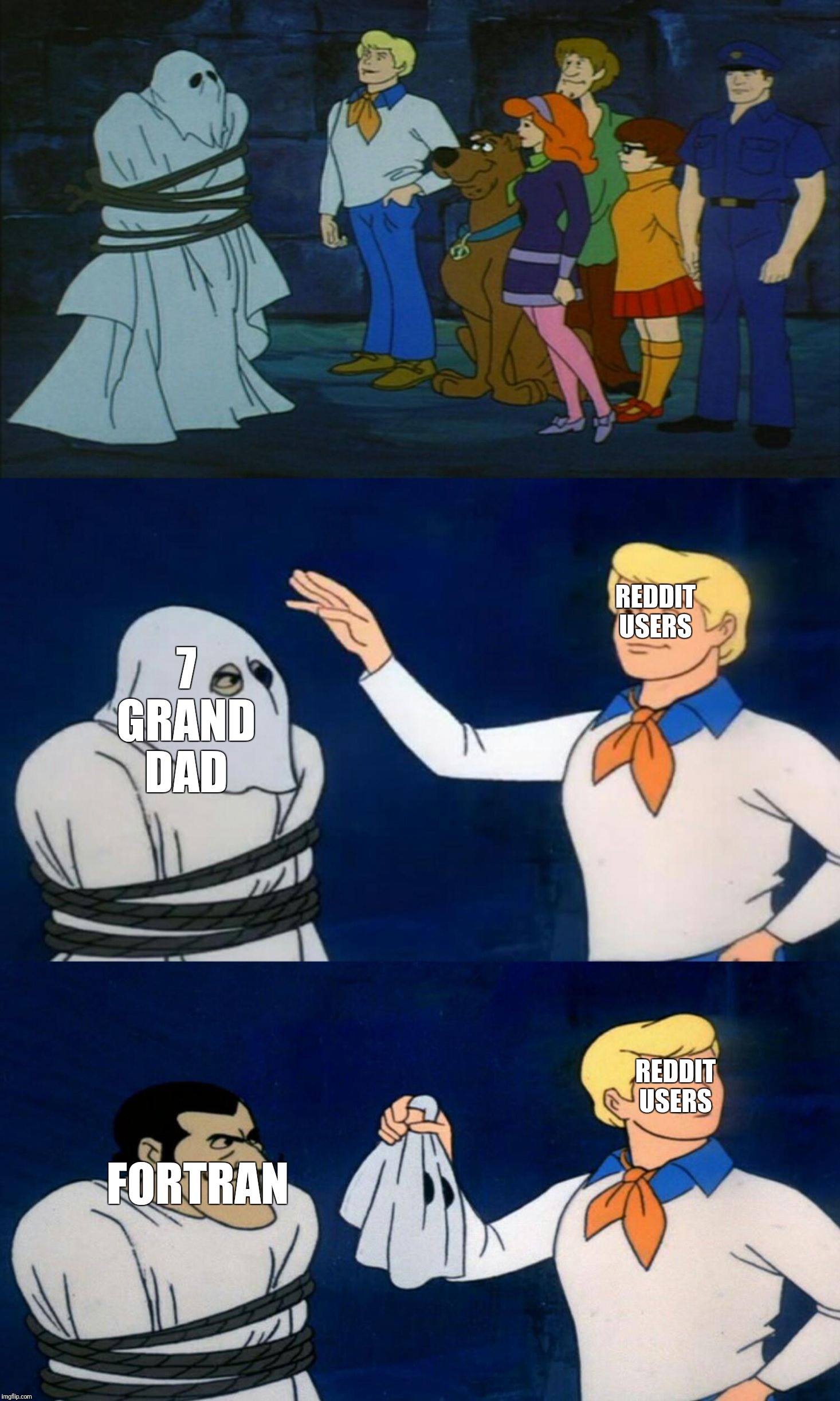 Scooby Doo The Ghost | REDDIT USERS; 7 GRAND DAD; REDDIT USERS; FORTRAN | image tagged in scooby doo the ghost | made w/ Imgflip meme maker