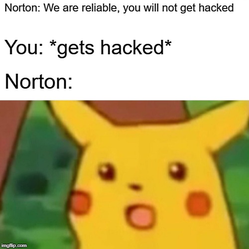 Surprised Pikachu | Norton: We are reliable, you will not get hacked; You: *gets hacked*; Norton: | image tagged in memes,surprised pikachu | made w/ Imgflip meme maker