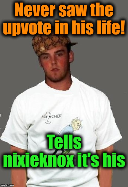 warmer season Scumbag Steve | Never saw the upvote in his life! Tells nixieknox it's his | image tagged in warmer season scumbag steve | made w/ Imgflip meme maker