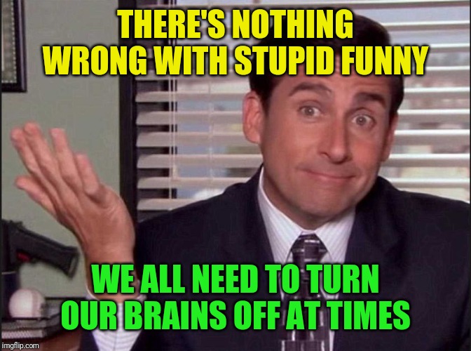 Michael Scott | THERE'S NOTHING WRONG WITH STUPID FUNNY WE ALL NEED TO TURN OUR BRAINS OFF AT TIMES | image tagged in michael scott | made w/ Imgflip meme maker