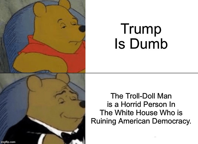 Tuxedo Winnie The Pooh | Trump Is Dumb; The Troll-Doll Man is a Horrid Person In The White House Who is Ruining American Democracy. | image tagged in memes,tuxedo winnie the pooh | made w/ Imgflip meme maker