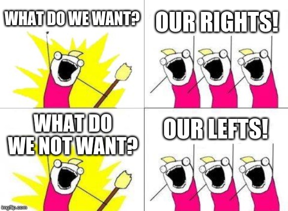 We Want Rights, Not Lefts | WHAT DO WE WANT? OUR RIGHTS! OUR LEFTS! WHAT DO WE NOT WANT? | image tagged in memes,what do we want | made w/ Imgflip meme maker