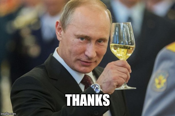 Putin Cheers | THANKS | image tagged in putin cheers | made w/ Imgflip meme maker