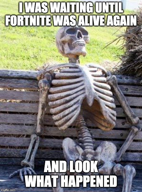 Waiting Skeleton | I WAS WAITING UNTIL FORTNITE WAS ALIVE AGAIN; AND LOOK WHAT HAPPENED | image tagged in memes,waiting skeleton | made w/ Imgflip meme maker