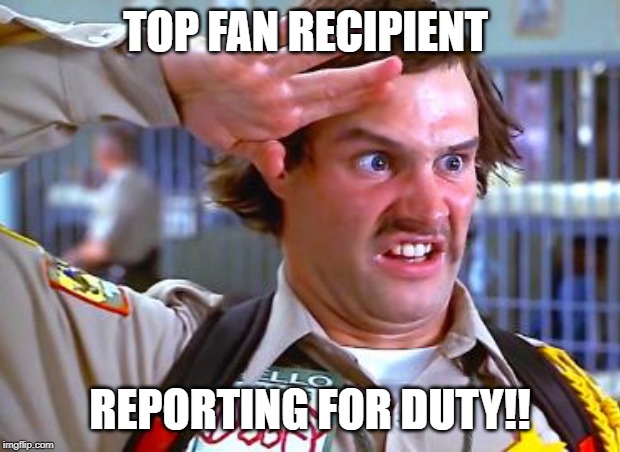 TOP FAN RECIPIENT; REPORTING FOR DUTY!! | image tagged in top users,facebook,participation trophy,useless stuff,funny memes,funny | made w/ Imgflip meme maker