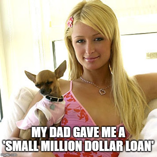 Paris Hilton | MY DAD GAVE ME A 'SMALL MILLION DOLLAR LOAN' | image tagged in paris hilton | made w/ Imgflip meme maker