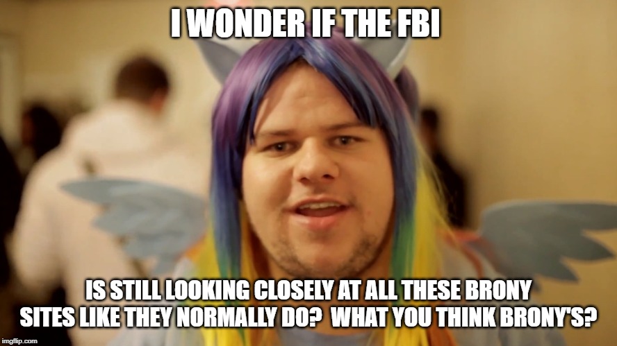 Brony Neckbeard | I WONDER IF THE FBI; IS STILL LOOKING CLOSELY AT ALL THESE BRONY SITES LIKE THEY NORMALLY DO?  WHAT YOU THINK BRONY'S? | image tagged in brony neckbeard | made w/ Imgflip meme maker