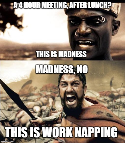 This is madness / THIS IS SPARTAAAAAA | A 4 HOUR MEETING, AFTER LUNCH? THIS IS MADNESS; MADNESS, NO; THIS IS WORK NAPPING | image tagged in this is madness / this is spartaaaaaa | made w/ Imgflip meme maker